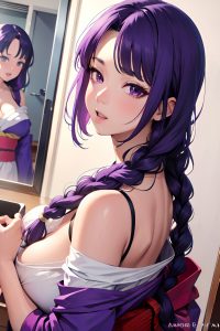 anime,busty,huge boobs,80s age,ahegao face,purple hair,braided hair style,light skin,mirror selfie,changing room,side view,cooking,kimono