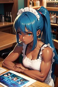 anime,muscular,small tits,50s age,sad face,blue hair,ponytail hair style,dark skin,film photo,bar,side view,gaming,maid