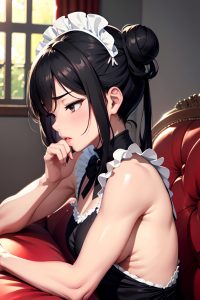 anime,muscular,small tits,40s age,pouting lips face,black hair,hair bun hair style,dark skin,charcoal,couch,side view,sleeping,maid