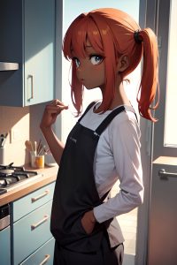 anime,skinny,small tits,40s age,shocked face,ginger,pigtails hair style,dark skin,charcoal,kitchen,side view,t-pose,pajamas