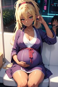 anime,pregnant,small tits,18 age,seductive face,blonde,ponytail hair style,dark skin,cyberpunk,bus,front view,sleeping,bathrobe