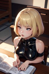 anime,busty,small tits,50s age,serious face,blonde,bobcut hair style,light skin,charcoal,church,close-up view,sleeping,latex