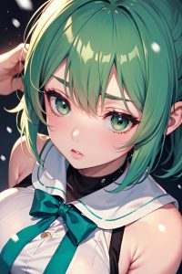 anime,skinny,huge boobs,50s age,sad face,green hair,bangs hair style,light skin,soft + warm,snow,close-up view,on back,schoolgirl