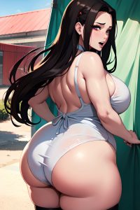 anime,pregnant,huge boobs,70s age,ahegao face,brunette,slicked hair style,light skin,cyberpunk,tent,back view,jumping,maid