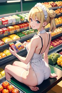 anime,skinny,small tits,60s age,happy face,blonde,hair bun hair style,light skin,crisp anime,grocery,back view,straddling,maid