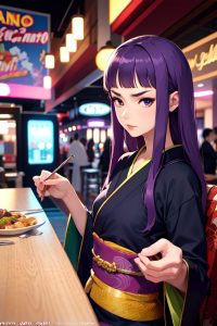 anime,skinny,small tits,50s age,serious face,purple hair,straight hair style,light skin,vintage,casino,side view,eating,kimono