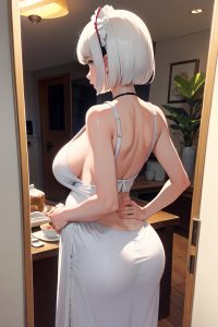 anime,pregnant,small tits,80s age,sad face,white hair,bobcut hair style,light skin,mirror selfie,cafe,back view,eating,maid