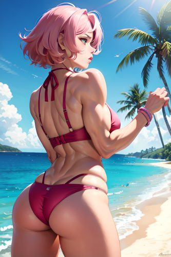 anime,muscular,huge boobs,80s age,pouting lips face,pink hair,bobcut hair style,light skin,film photo,beach,back view,working out,lingerie
