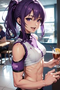 anime,muscular,small tits,60s age,laughing face,purple hair,messy hair style,light skin,film photo,restaurant,close-up view,on back,nurse