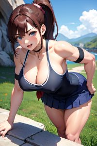 anime,muscular,huge boobs,18 age,happy face,brunette,ponytail hair style,light skin,skin detail (beta),cave,front view,bending over,schoolgirl