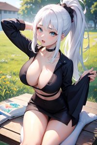 anime,skinny,huge boobs,18 age,orgasm face,white hair,ponytail hair style,light skin,watercolor,meadow,close-up view,gaming,teacher