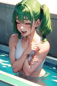 anime,muscular,small tits,40s age,laughing face,green hair,pigtails hair style,light skin,cyberpunk,pool,close-up view,sleeping,nurse