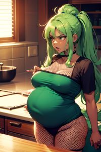 anime,pregnant,small tits,80s age,angry face,green hair,straight hair style,dark skin,soft + warm,couch,side view,cooking,fishnet