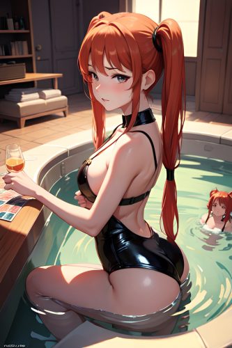 anime,busty,small tits,40s age,sad face,ginger,pigtails hair style,light skin,illustration,casino,side view,bathing,latex