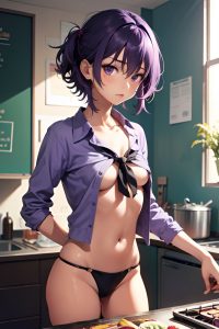anime,skinny,small tits,20s age,shocked face,purple hair,messy hair style,dark skin,illustration,strip club,front view,cooking,schoolgirl