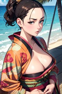 anime,chubby,small tits,30s age,serious face,brunette,slicked hair style,light skin,vintage,beach,side view,on back,kimono