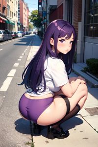 anime,chubby,small tits,18 age,sad face,purple hair,straight hair style,light skin,illustration,street,back view,squatting,stockings