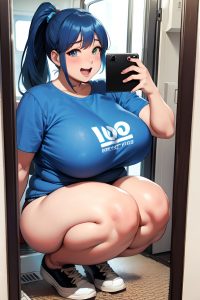 anime,chubby,huge boobs,50s age,laughing face,blue hair,ponytail hair style,dark skin,mirror selfie,bus,front view,squatting,bra