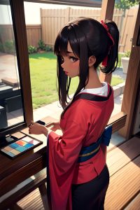 anime,skinny,small tits,40s age,pouting lips face,brunette,straight hair style,dark skin,painting,bar,back view,working out,kimono
