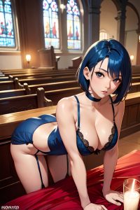 anime,skinny,huge boobs,40s age,seductive face,blue hair,pixie hair style,dark skin,comic,church,front view,bending over,lingerie