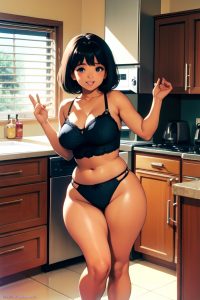 anime,chubby,small tits,80s age,happy face,black hair,bangs hair style,dark skin,vintage,kitchen,front view,t-pose,lingerie