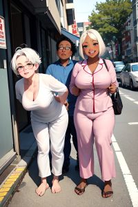 anime,chubby,small tits,40s age,happy face,white hair,pixie hair style,dark skin,warm anime,street,front view,bending over,pajamas