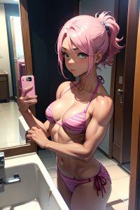 anime,muscular,small tits,60s age,sad face,pink hair,slicked hair style,dark skin,mirror selfie,party,front view,bathing,bikini