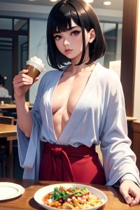 anime,muscular,small tits,80s age,pouting lips face,black hair,bobcut hair style,light skin,soft + warm,restaurant,close-up view,eating,bathrobe