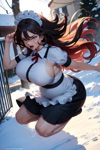 anime,pregnant,huge boobs,40s age,angry face,ginger,messy hair style,dark skin,comic,snow,side view,jumping,maid