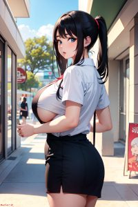 anime,chubby,huge boobs,50s age,shocked face,black hair,slicked hair style,light skin,painting,mall,back view,gaming,schoolgirl