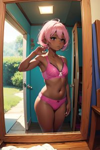 anime,chubby,small tits,70s age,sad face,pink hair,pixie hair style,dark skin,mirror selfie,cave,back view,plank,bra