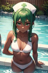 anime,busty,small tits,20s age,serious face,green hair,slicked hair style,dark skin,soft + warm,hot tub,front view,gaming,nurse