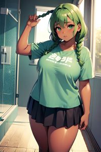 anime,chubby,small tits,30s age,serious face,green hair,braided hair style,dark skin,illustration,shower,front view,plank,mini skirt