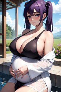 anime,pregnant,huge boobs,30s age,sad face,purple hair,pigtails hair style,dark skin,black and white,meadow,close-up view,bathing,bathrobe