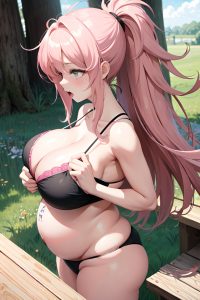 anime,pregnant,huge boobs,60s age,shocked face,pink hair,messy hair style,light skin,black and white,meadow,side view,eating,bikini
