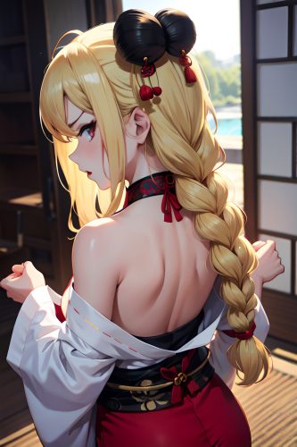 anime,busty,small tits,60s age,angry face,blonde,braided hair style,light skin,charcoal,lake,back view,massage,geisha
