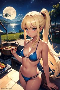 anime,busty,small tits,80s age,serious face,blonde,straight hair style,dark skin,watercolor,moon,front view,cooking,bikini