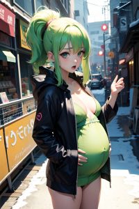 anime,pregnant,small tits,60s age,shocked face,green hair,straight hair style,light skin,cyberpunk,snow,front view,on back,fishnet
