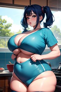 anime,chubby,huge boobs,60s age,pouting lips face,blue hair,pigtails hair style,dark skin,warm anime,pool,close-up view,cooking,stockings