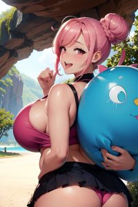 anime,busty,huge boobs,50s age,laughing face,pink hair,hair bun hair style,dark skin,crisp anime,cave,front view,on back,schoolgirl