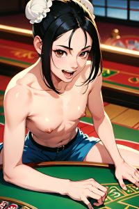 anime,skinny,small tits,70s age,laughing face,black hair,hair bun hair style,light skin,warm anime,casino,close-up view,straddling,nude