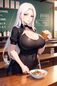 anime,busty,huge boobs,40s age,angry face,white hair,straight hair style,light skin,film photo,bar,front view,eating,teacher