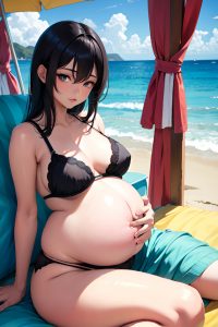 anime,pregnant,small tits,40s age,seductive face,black hair,straight hair style,dark skin,warm anime,beach,side view,spreading legs,bra