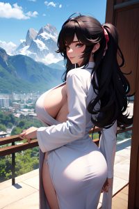 anime,busty,huge boobs,80s age,happy face,black hair,messy hair style,light skin,3d,mountains,back view,gaming,bathrobe