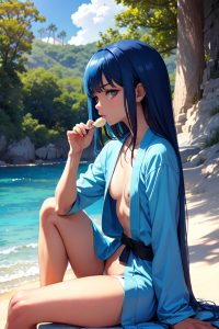 anime,skinny,small tits,70s age,serious face,blue hair,straight hair style,dark skin,vintage,beach,side view,eating,bathrobe