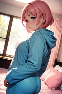 anime,chubby,small tits,60s age,shocked face,pink hair,slicked hair style,light skin,film photo,bedroom,back view,bathing,pajamas