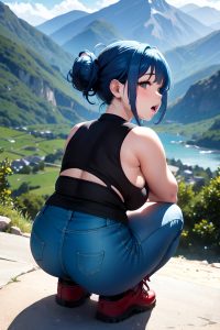 anime,chubby,small tits,30s age,orgasm face,blue hair,hair bun hair style,light skin,soft + warm,mountains,back view,squatting,goth