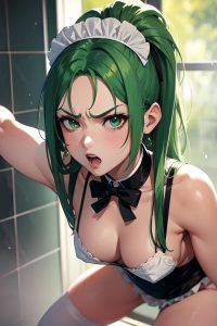 anime,busty,small tits,80s age,angry face,green hair,slicked hair style,light skin,skin detail (beta),shower,close-up view,straddling,maid