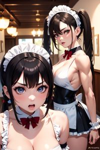 anime,muscular,small tits,60s age,ahegao face,brunette,pigtails hair style,light skin,dark fantasy,casino,front view,on back,maid