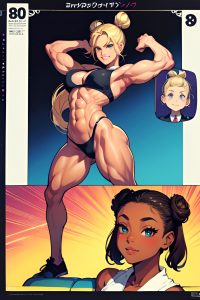 anime,muscular,small tits,80s age,happy face,blonde,hair bun hair style,dark skin,comic,couch,front view,gaming,schoolgirl